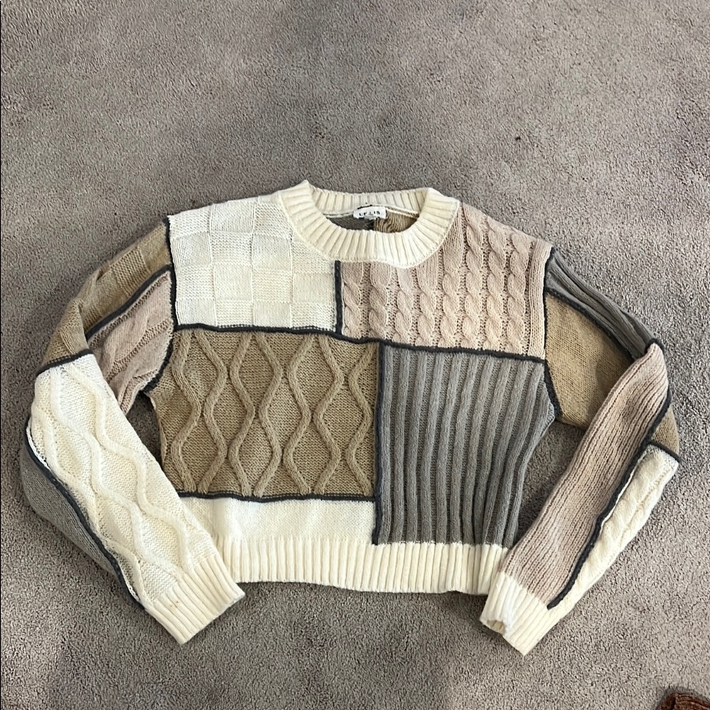 Le Lis Patchwork Knit Sweater - Cream, Brown, Tan